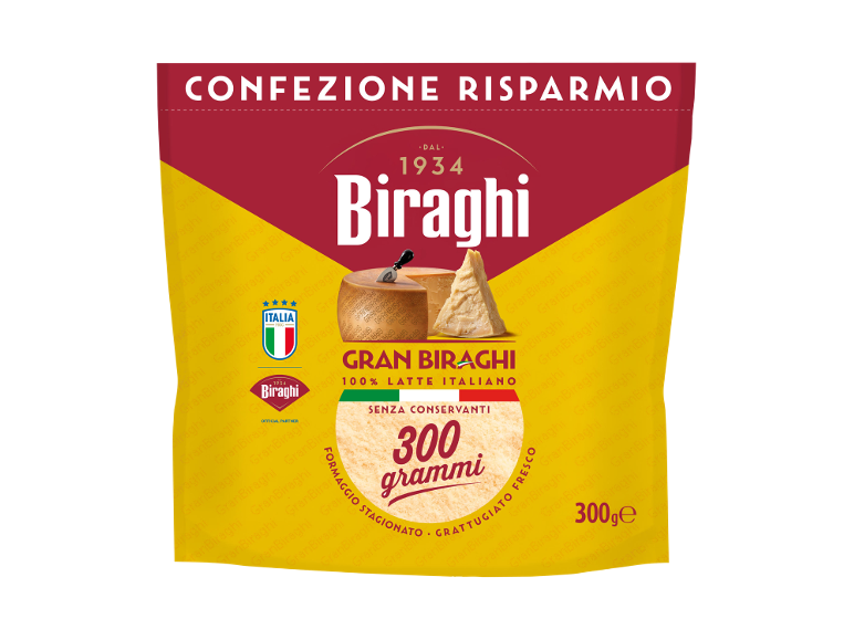 Confezione di formaggio grattugiato da 300g, 100% latte italiano, senza conservanti.