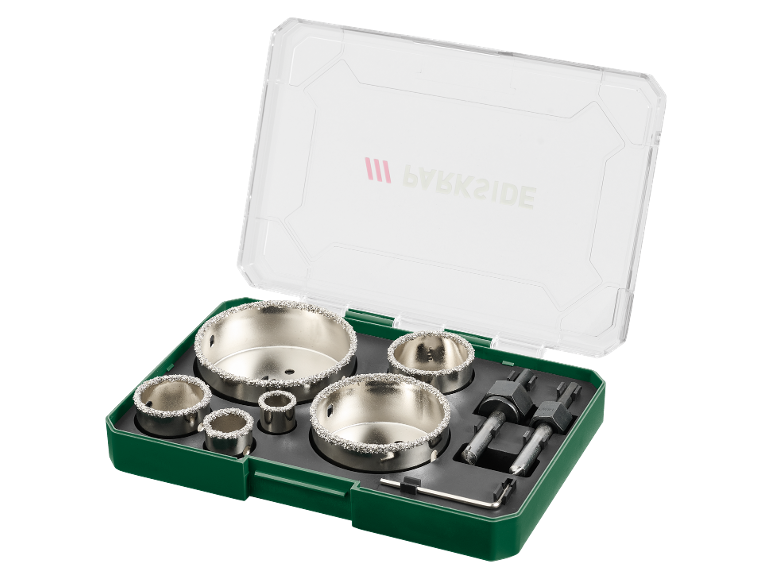 Set di frese a tazza diamantate con adattatori in una scatola verde.
