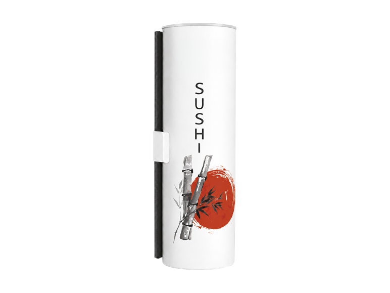 Contenitore cilindrico bianco per bacchette sushi con illustrazione di bambù e sole rosso.