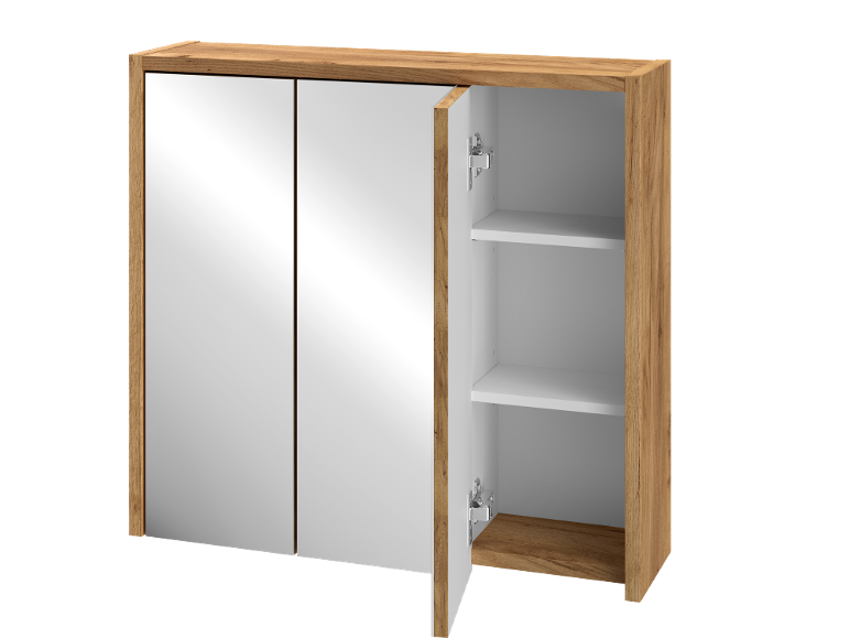 Mobiletto da bagno con specchio in legno chiaro e ante bianche, una aperta