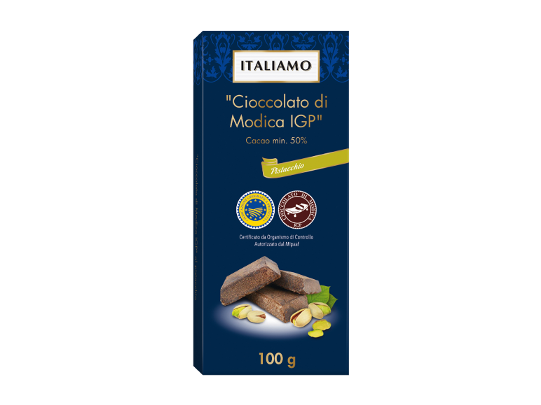 Cioccolato di Modica IGP al pistacchio, minimo 50% cacao, 100 g.