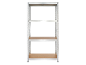 Scaffale metallico con quattro ripiani in legno, ideale per l'archiviazione.