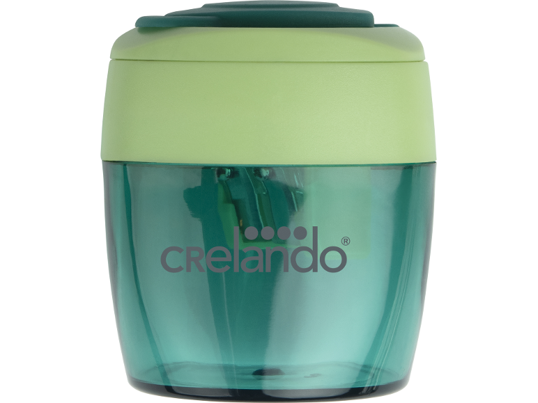 Tritatutto manuale verde con contenitore trasparente e scritta.