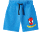 Pantaloncini blu con elastico in vita, coulisse nera e stampa di maschera da supereroe rossa.