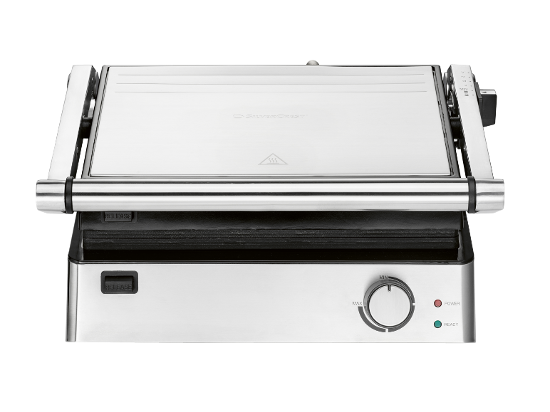 Grill a contatto argentato con controllo della temperatura e indicatori di accensione/pronto.