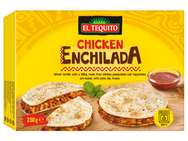 Scatola di enchilada di pollo surgelata con tortilla di grano, verdure e salsa.