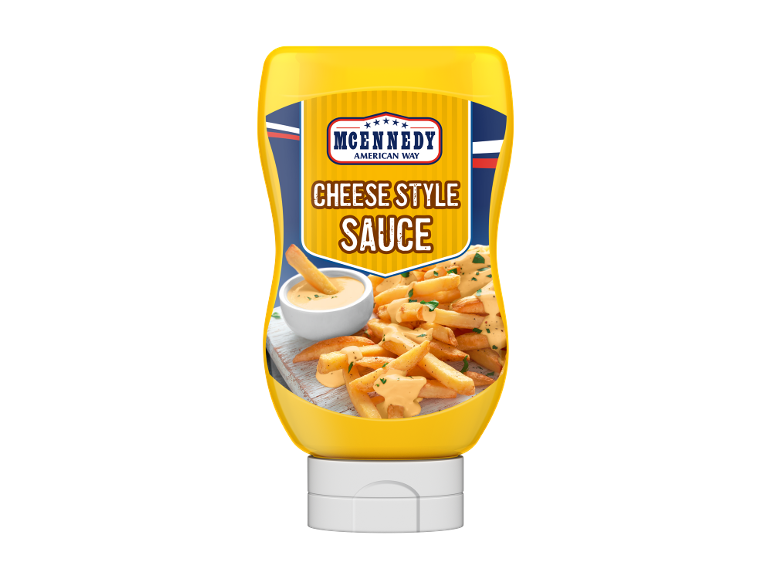 Bottiglia di salsa al formaggio con patatine fritte e una ciotola di salsa.