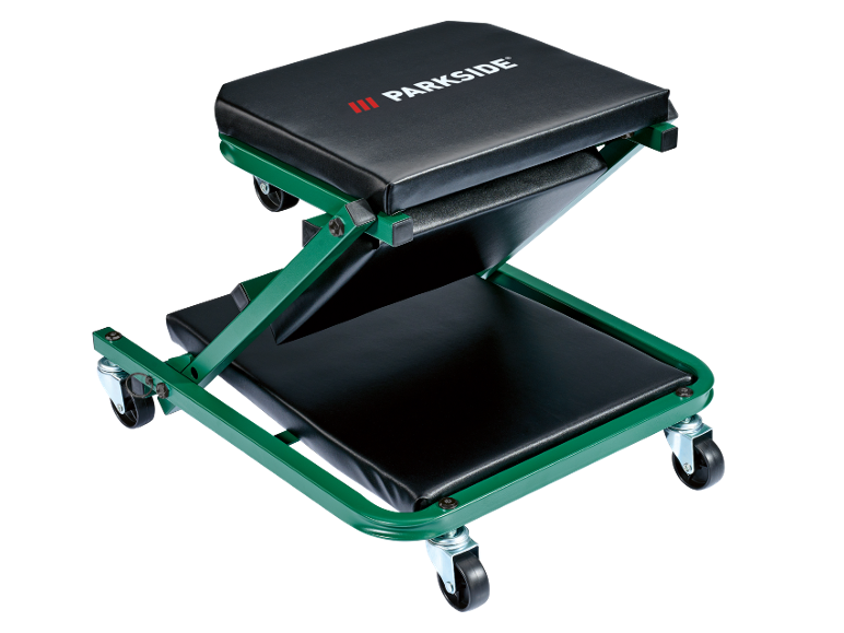 Carrello da officina pieghevole verde con sedili imbottiti neri su ruote.