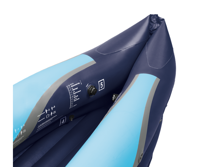 Kayak gonfiabile con striscia di misurazione e valvole di gonfiaggio, che mostra la capacità per 2 persone.