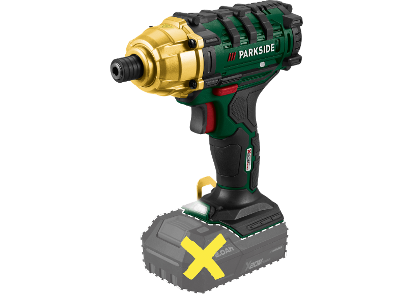 Avvitatore a impulsi verde e oro con impugnatura nera e una X gialla sulla batteria.