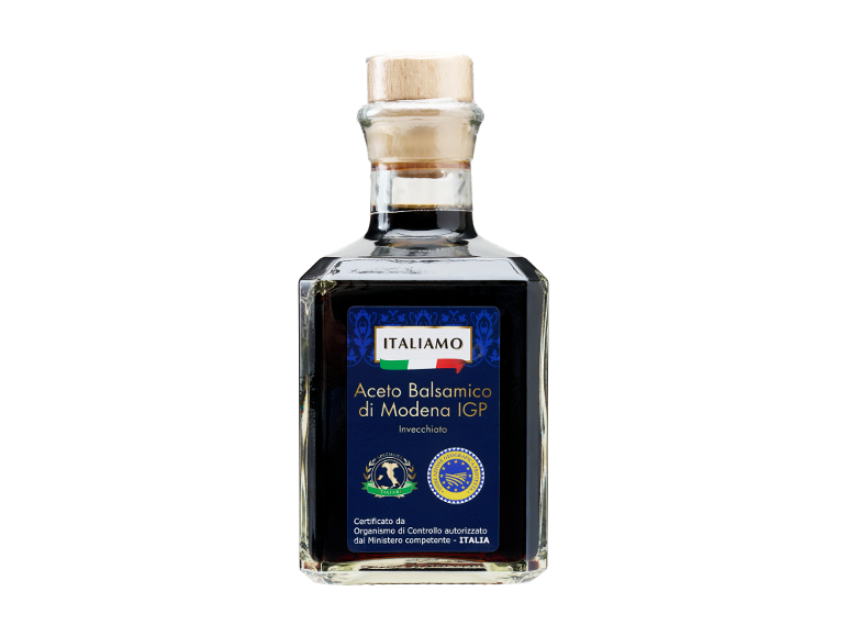 Bottiglia di Aceto Balsamico di Modena IGP invecchiato con etichetta blu.
