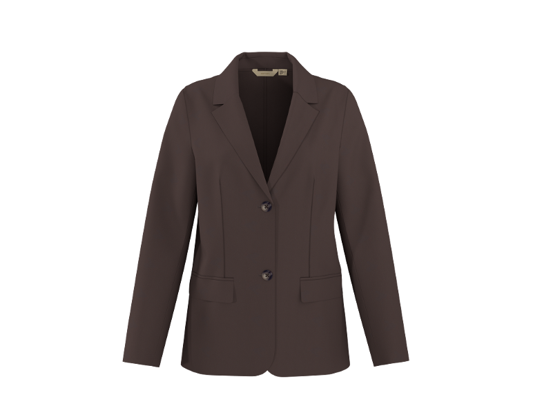 Blazer da donna marrone con due bottoni e tasche a patta.
