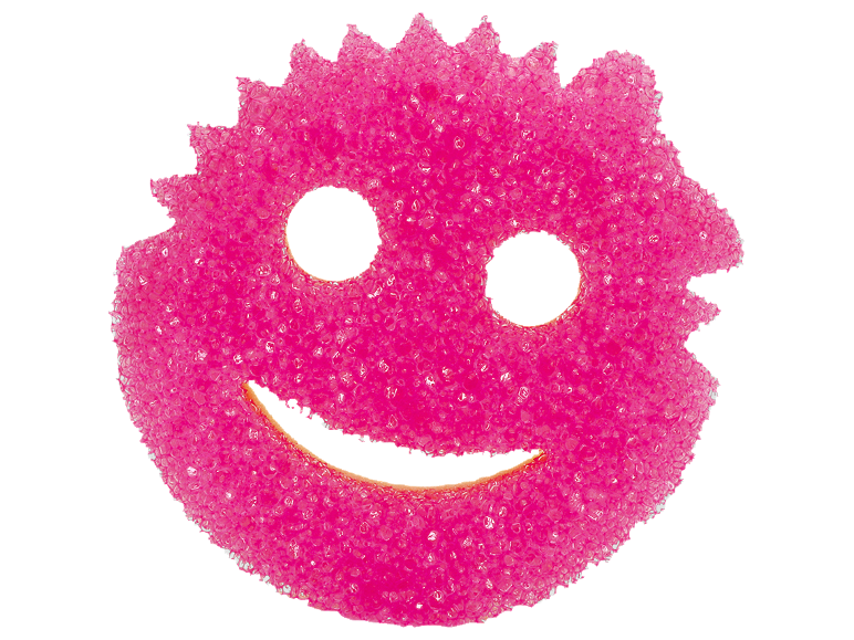 Spugna abrasiva rosa a forma di faccina sorridente.