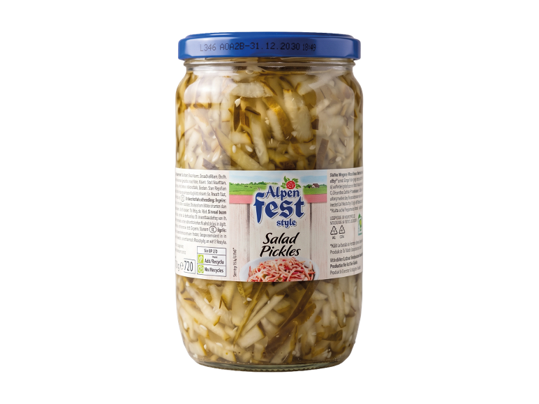 Alpenfeststyle Salad Pickles in barattolo di vetro con data di scadenza 31.12.2030.