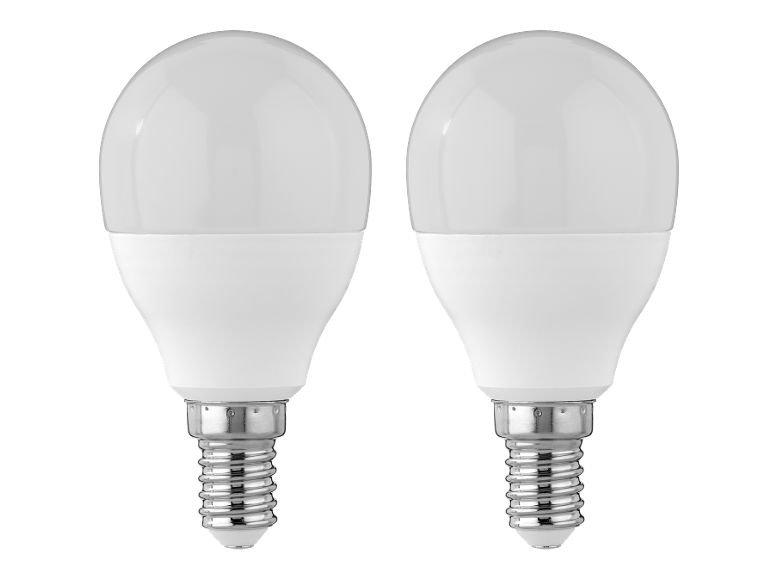 Due lampadine LED bianche con attacco E14 su sfondo nero.