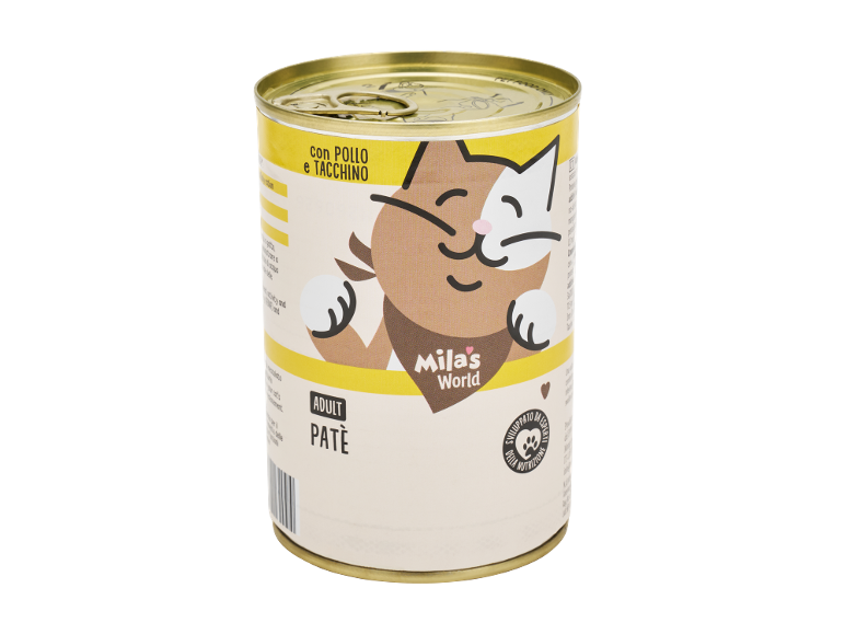Lattina di cibo per gatti con pollo e tacchino, paté per adulti.