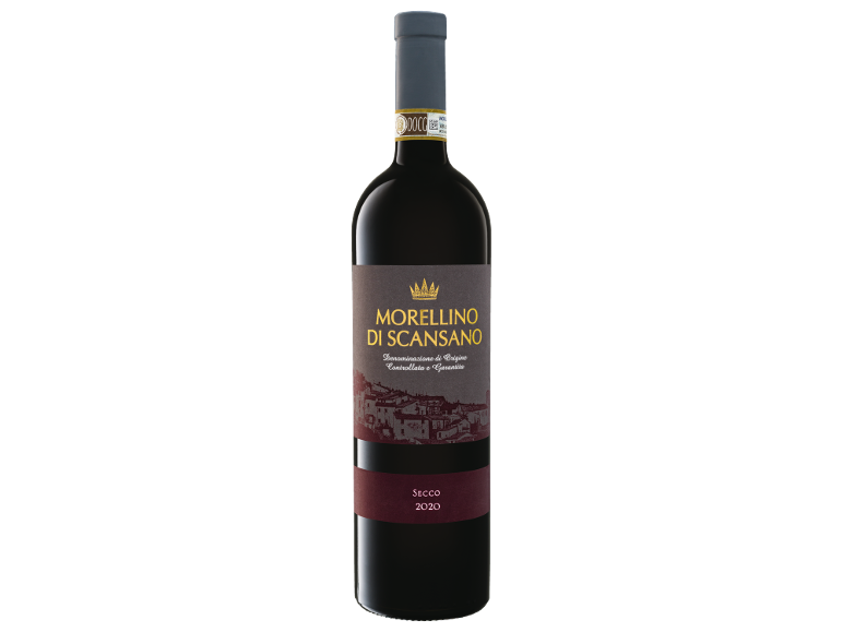 Bottiglia di vino rosso Morellino di Scansano DOCG Secco 2020 con etichetta illustrata.
