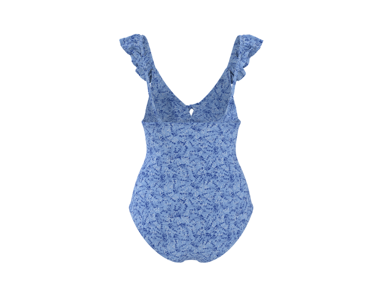 Costume da bagno blu a stampa floreale con spalline arricciate, vista posteriore.