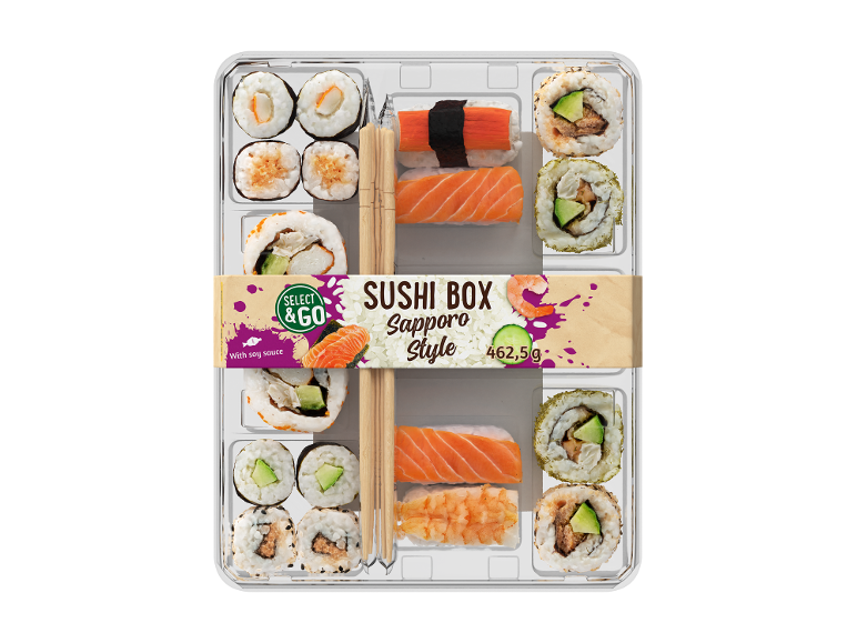 Scatola di sushi stile Sapporo con salmone, gamberi, granchio e avocado, 462,5g.