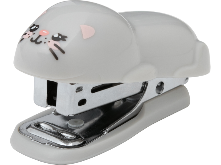 Cucitrice a forma di gatto grigio con un viso disegnato.