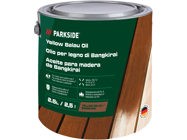 Lattina di olio per legno balau/bangkirai giallo da 2,5 L, con effetto impermeabilizzante.