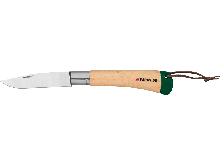 Coltello pieghevole con manico in legno, base verde e cinturino in pelle.