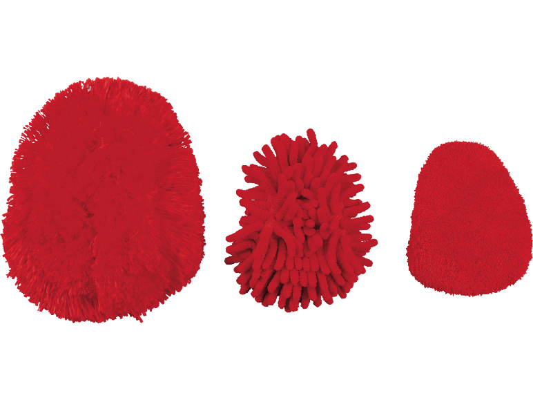 Tre panni in microfibra rossi di varie forme e texture su sfondo nero.