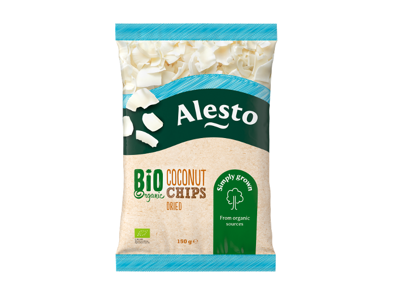 Confezione di chips di cocco biologici essiccati, 150g, con la scritta 'Simply grown from organic sources'.