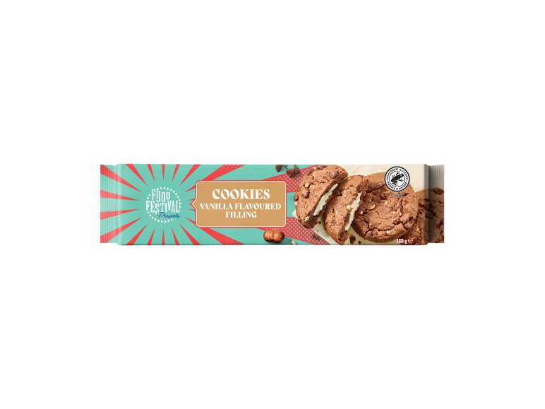 Biscotti al cioccolato con ripieno al gusto di vaniglia, con logo 'Food Festival Presents'.