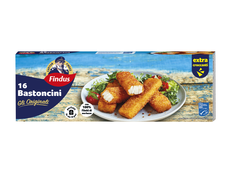 Scatola di 16 bastoncini di pesce croccanti con filetti di merluzzo, perfetti per friggitrice ad aria.