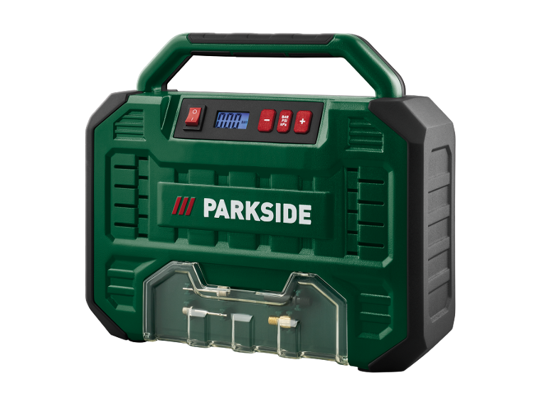 Compressore d'aria portatile verde con display digitale e accessori.