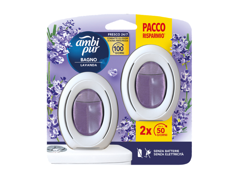 Due deodoranti per bagno alla lavanda che durano fino a 100 giorni, senza batterie.