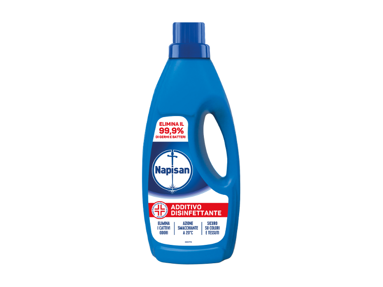 Additivo disinfettante per bucato in flacone blu con manico
