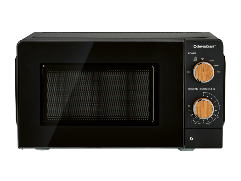 Forno a microonde nero con manopole in legno per potenza e timer.