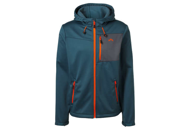 Giacca softshell da uomo blu-verde con cerniere e dettagli arancioni.