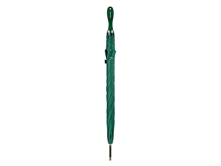 Ombrello da golf verde con manico nero e cinturino in velcro.