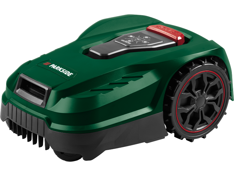 Robot tagliaerba verde con ruote nere e accenti rossi
