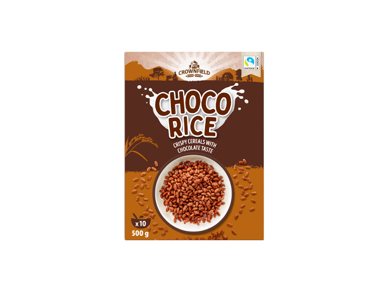 Scatola di cereali di riso al cioccolato, con la scritta 'CHOCO RICE' e 'CRISPY CEREALS WITH CHOCOLATE TASTE'.