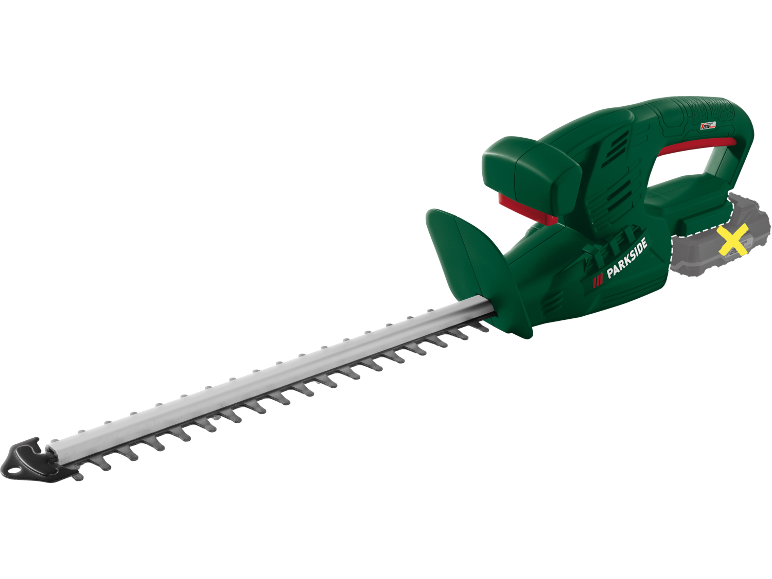 Tagliasiepi a batteria con un pacco batteria mostrato in contorno.