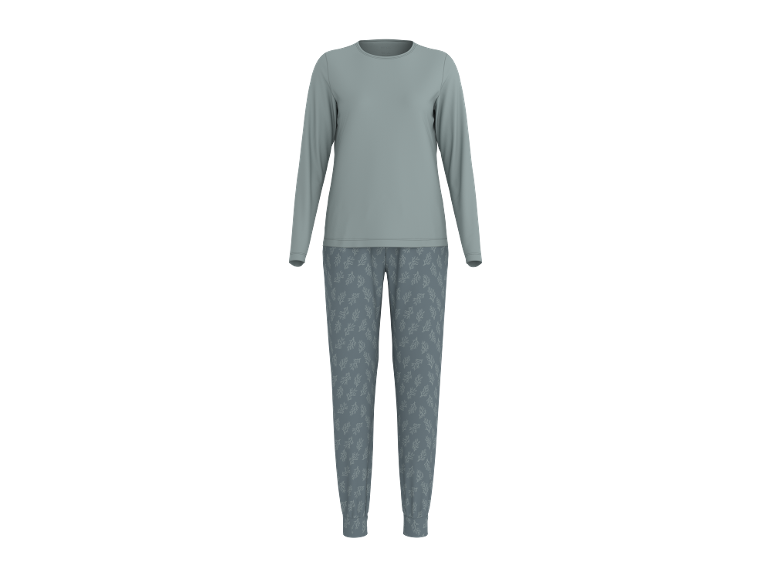 Pigiama lungo da donna in grigio-blu con maglia a maniche lunghe e pantaloni a fantasia.