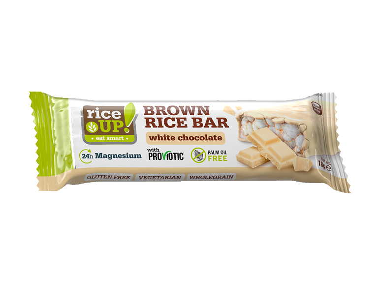 Barretta di riso integrale con cioccolato bianco, magnesio e probiotico, senza glutine, vegetariana, integrale.