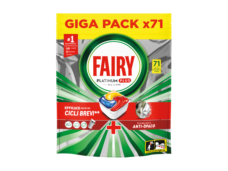 Capsule per lavastoviglie con 71 pastiglie al limone, efficaci nei cicli brevi e anti-opaco.