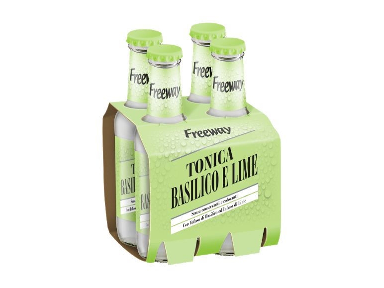 Confezione da 4 bottiglie di tonica al basilico e lime.