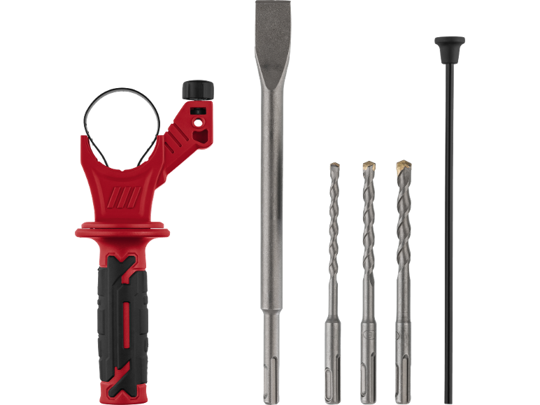 Set di accessori per trapano a percussione con scalpello, punte e asta di profondità.