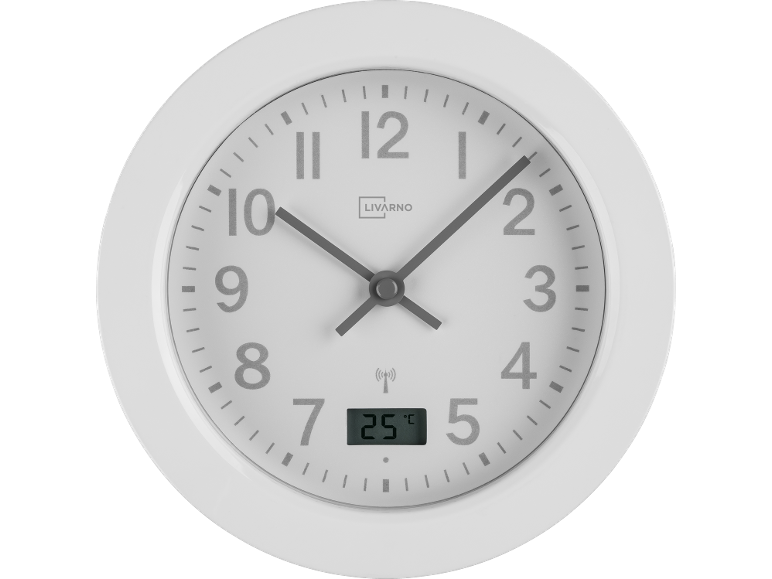Orologio da parete rotondo bianco con display analogico e display digitale della temperatura a 25°C