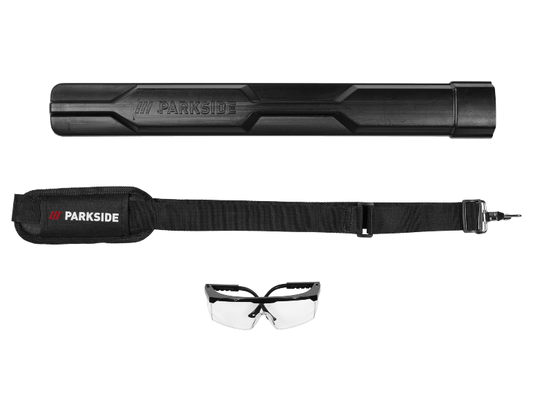 Custodia protettiva nera, tracolla imbottita e occhiali di sicurezza trasparenti.