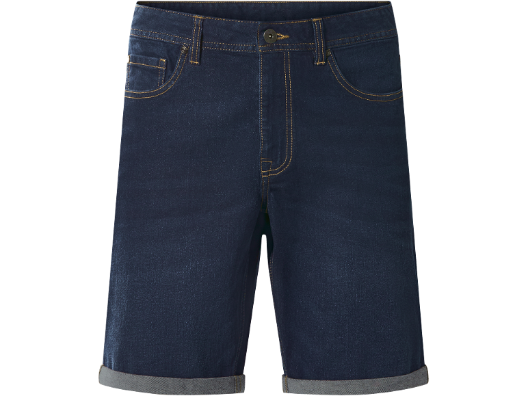 Pantaloncini di jeans blu scuro con risvolto e cuciture a contrasto.