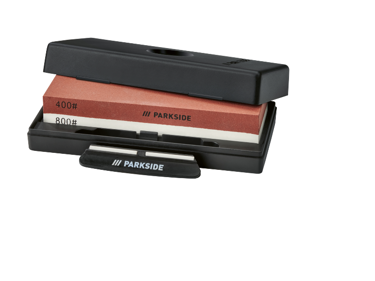Set di pietre per affilare con grane 400# e 800# in una custodia nera.