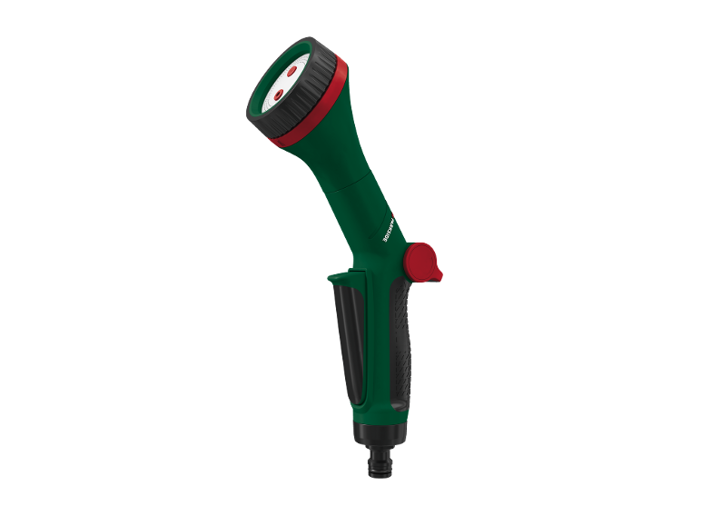 Pistola a spruzzo manuale verde per tubo da giardino con dettagli rossi e neri.