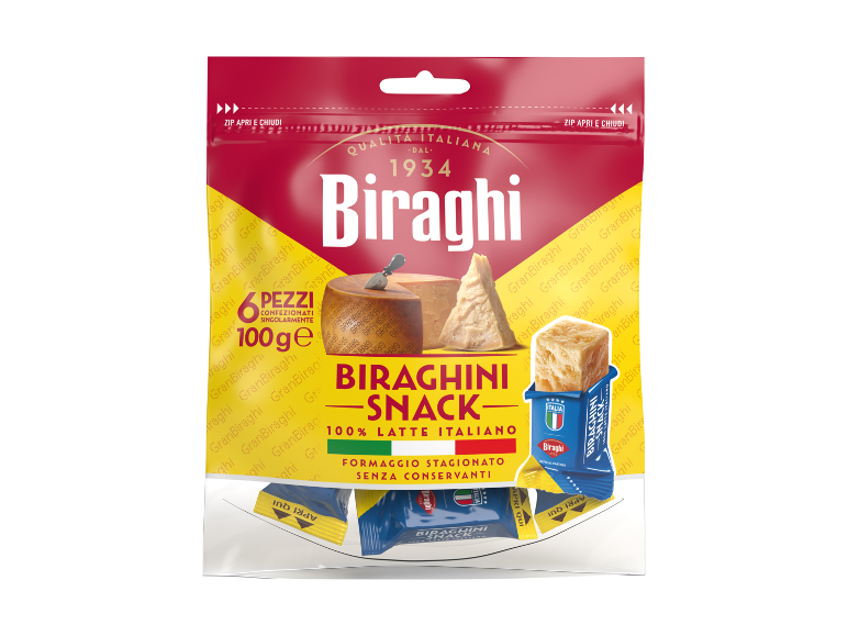 Confezione di snack di formaggio stagionato, 6 pezzi confezionati singolarmente, 100g, 100% latte italiano.
